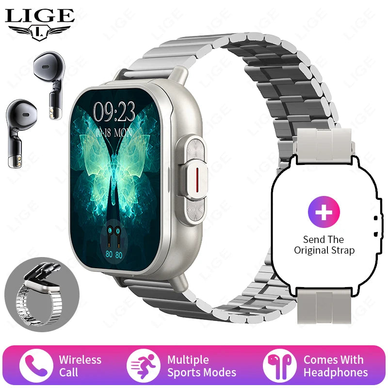 2025 Men Smart Watch 2.01inch HD Large Screen Waterproof Heart Rate Blood Pressure Bluetooth earphone TWS 2 in 1 Make phone call