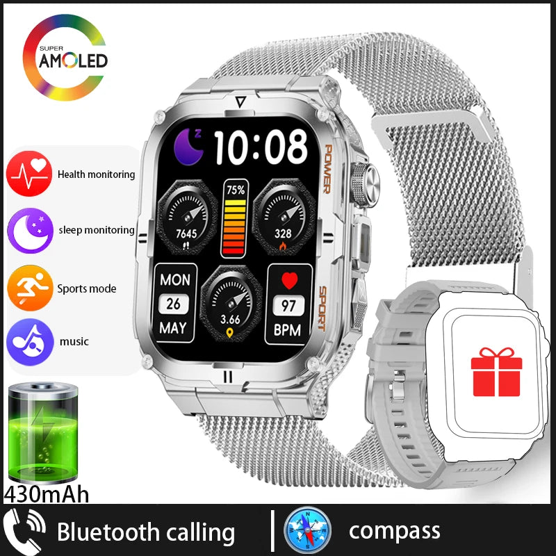 Military Grade Outdoor Smart Watch Men Wome's Health 1.96"HD Screen 430mAh Battery LED Flashlight Waterproof Sports Smartwatches