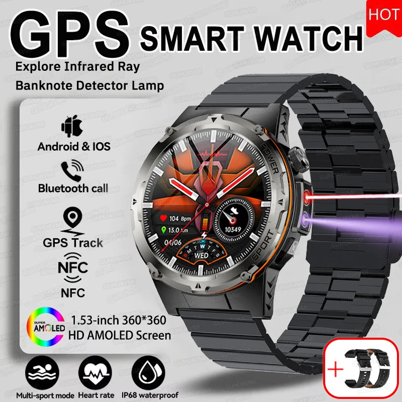 NEW Upgraded Outdoors GPS Sports Smart Watch Men HD AMOLED 3ATM IP69K Waterproof 500mAh Infrared NFC Bluetooth Call Smart Watch