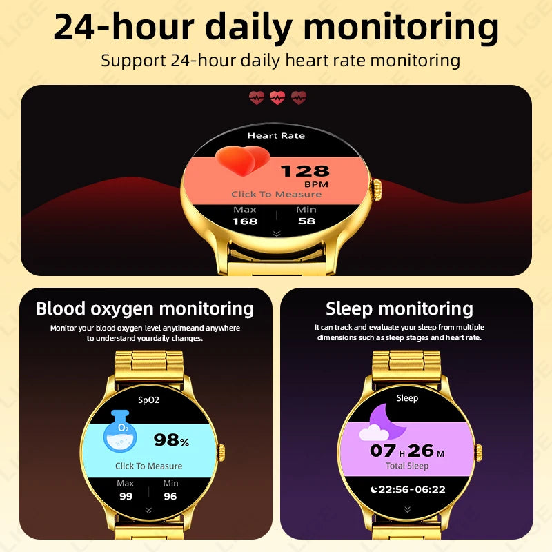 New Golden Luxury Steel Smart Watch Men 1.38inch HD Screen Smartwatch Women Sleep BT Call IP68 Waterproof Sports Watch Pedometer