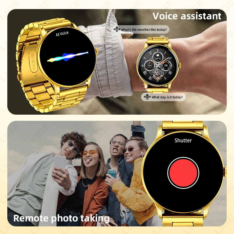 New Golden Luxury Steel Smart Watch Men 1.38inch HD Screen Smartwatch Women Sleep BT Call IP68 Waterproof Sports Watch Pedometer