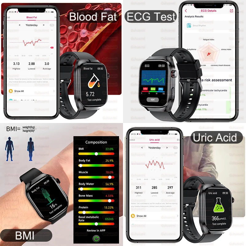 2025 New AI Intelligent Diagnosis ECG+PPG Smartwatch Health Protection Blood Lipids Uric Acid Heart Rate BT Call Smart Watch Men