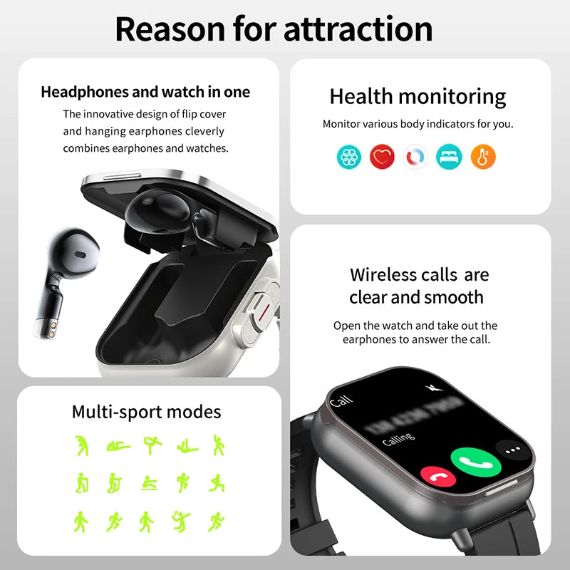 2025 Men Smart Watch 2.01inch HD Large Screen Waterproof Heart Rate Blood Pressure Bluetooth earphone TWS 2 in 1 Make phone call