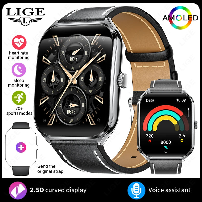 New Ultra-thin Smart Watch Men Health Monitor 1.96"AMOLED Screen 3ATM Waterproof Sport Bluetooth Call Smartwatch for Android iOS
