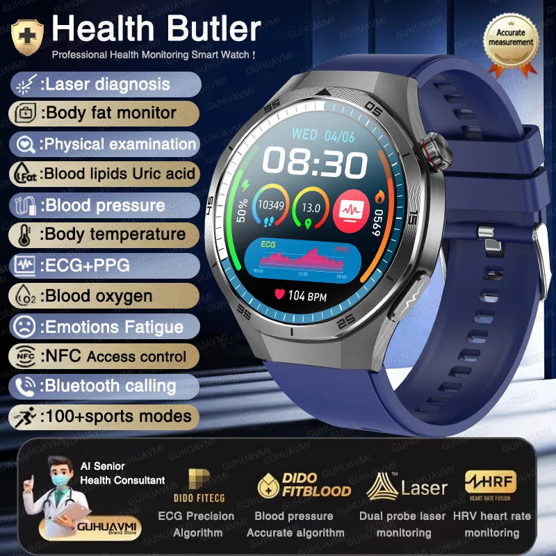2025 New Health Non Invasive AI Diagnostic Smart Watch ECG BP Men's Three Highs Uric Acid Blood Fat Bluetooth Call Smartwatches