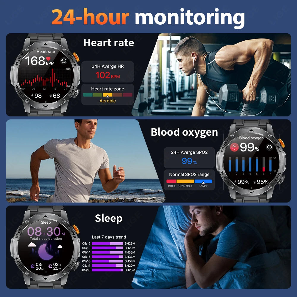 LIGE 1000mAh Smart Watch AMOLED HD 360*360 Resolution Smartwatch Blood Oxygen Health Monitor Men Smartwatches 100+Sports Tracker