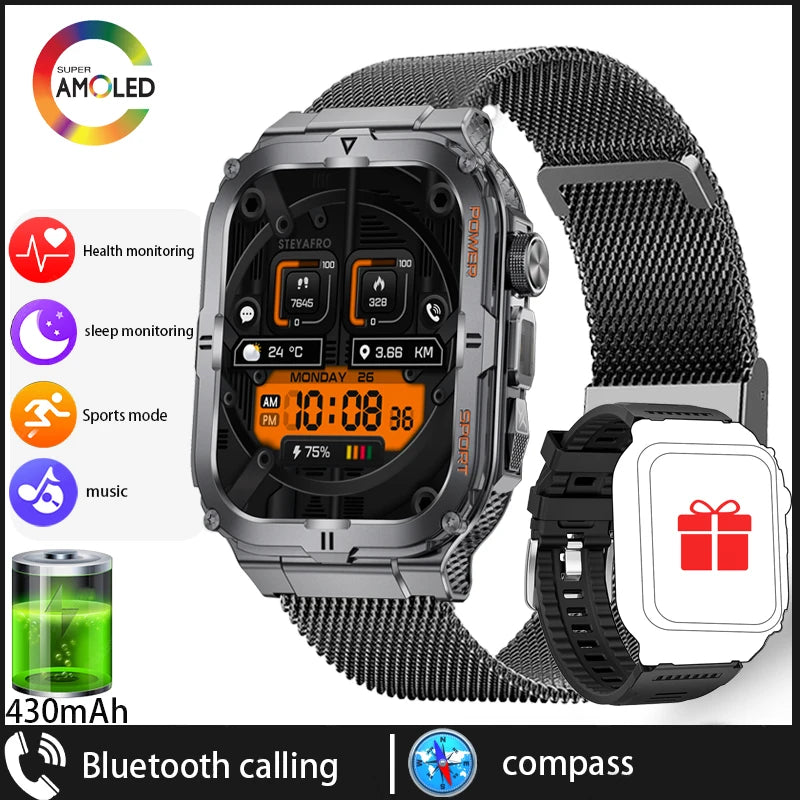Military Grade Outdoor Smart Watch Men Wome's Health 1.96"HD Screen 430mAh Battery LED Flashlight Waterproof Sports Smartwatches