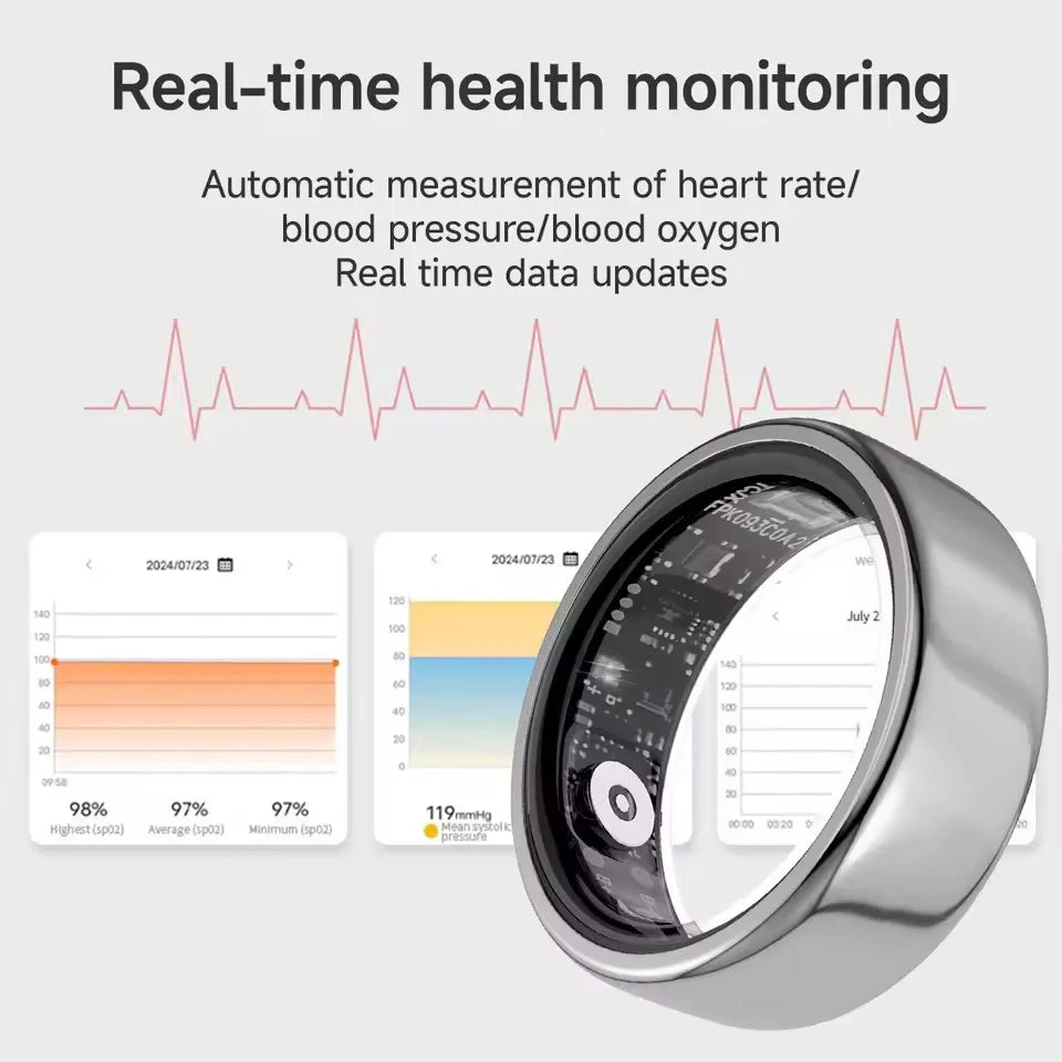 2025 New Smart Ring Blood Oxygen&Pressure Sleep Monitor Sports Tracking Remote Care IP68 Waterproof Men Women