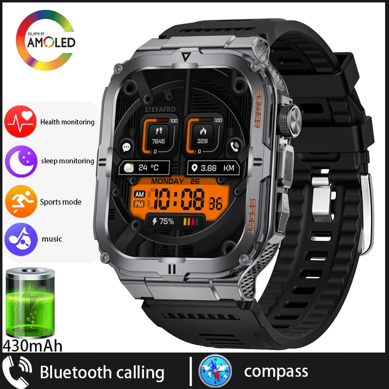 Military Grade Outdoor Smart Watch Men Wome's Health 1.96"HD Screen 430mAh Battery LED Flashlight Waterproof Sports Smartwatches