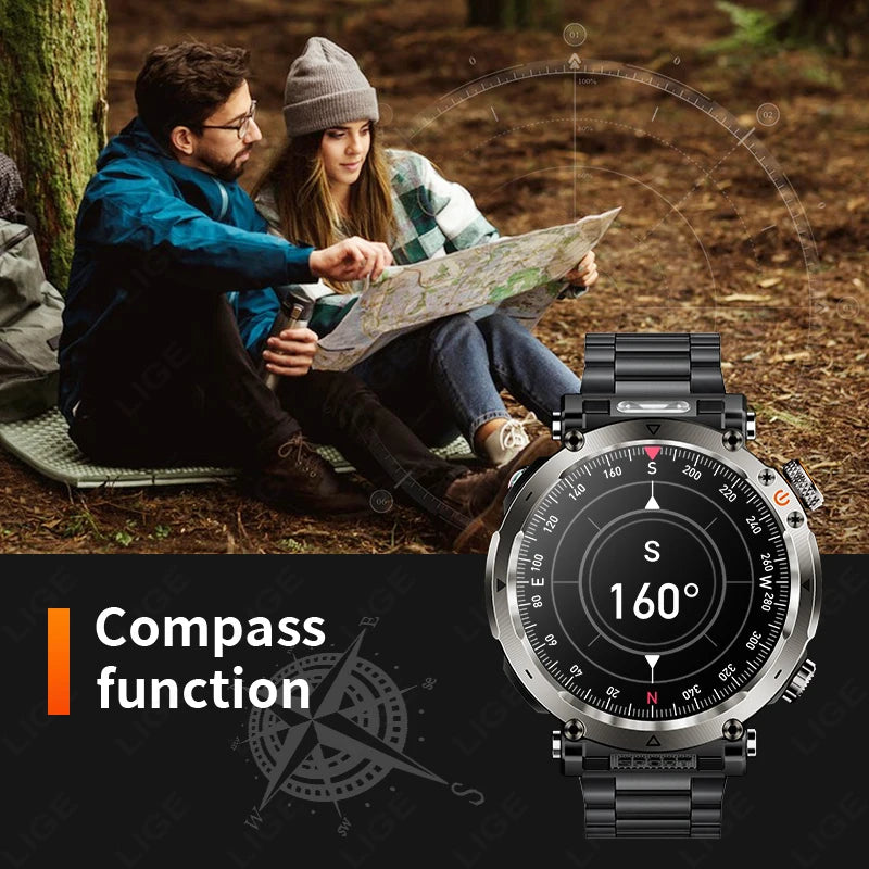 LIGE New Smart Watch Men UV Flashlight Compass 600mAh Large Battery Outdoor Waterproof Sport Watch Bluetooth Call Smartwatch Men