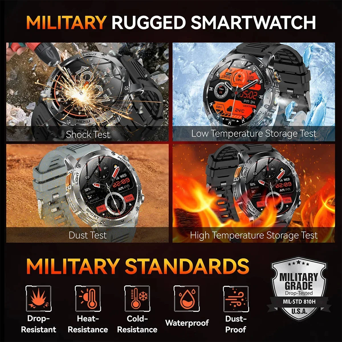 KPEP Military Smart Watch 1000mAh Large Battery LED Flashlight Health Monitor Wireless Call 100+ Sports Modes Smartwatch for Men