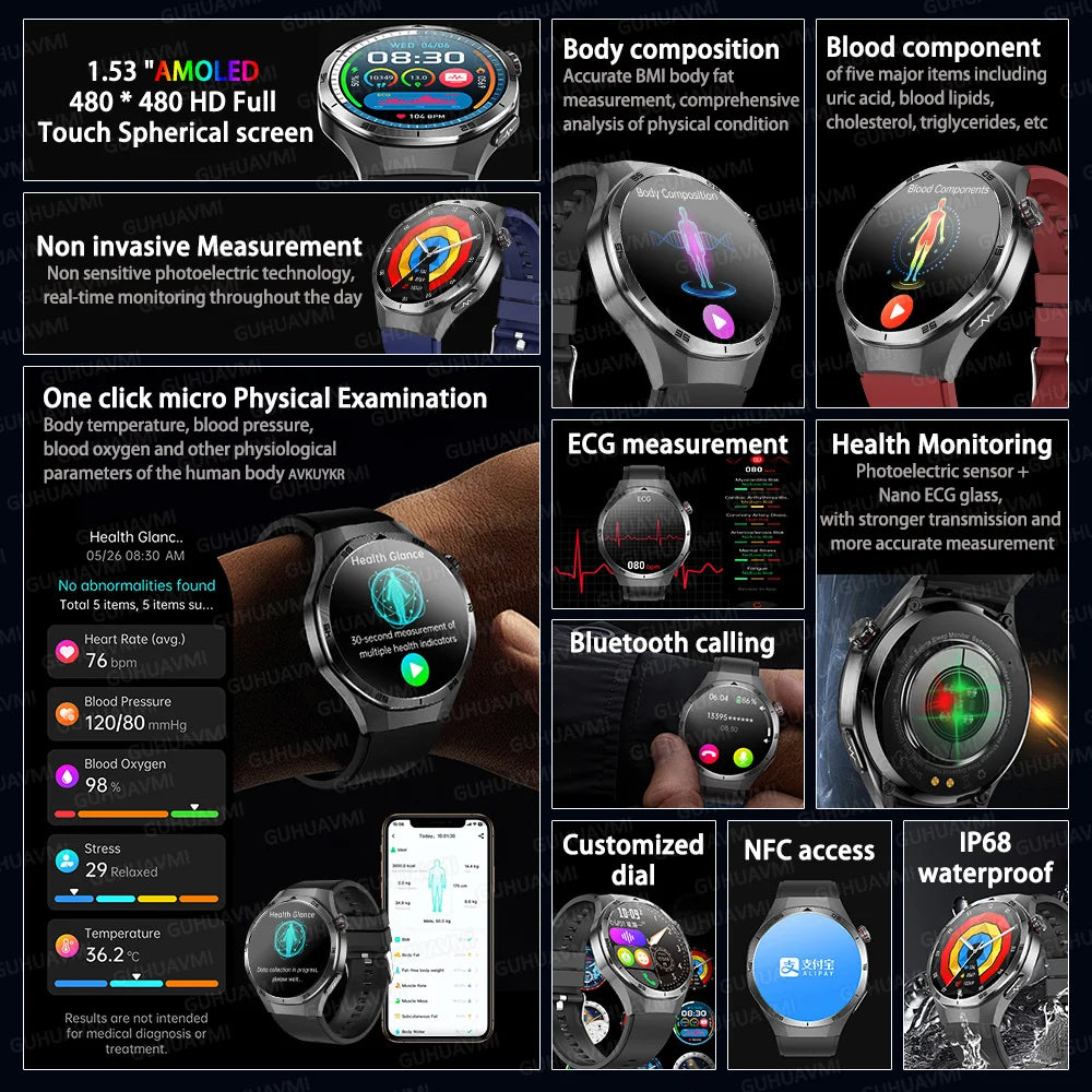 2025 New Health Non Invasive AI Diagnostic Smart Watch ECG BP Men's Three Highs Uric Acid Blood Fat Bluetooth Call Smartwatches