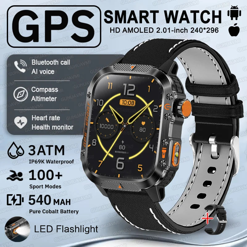 2025 New GPS Military Outdoor Sports Smart Watch Men 2.01-inch AMOLED 3ATM IP69K Waterproof Compass Call Swim Fitness Smartwatch