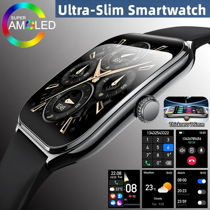 New Ultra-thin Smart Watch Men Health Monitor 1.96"AMOLED Screen 3ATM Waterproof Sport Bluetooth Call Smartwatch for Android iOS