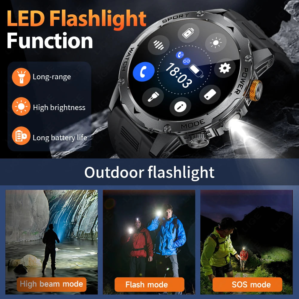 LIGE AMOLED Smart Watch Men with Flashlight Sports IP68 Waterproof Fitness Tracker Bluetooth Call Smartwatch Man for Android iOS