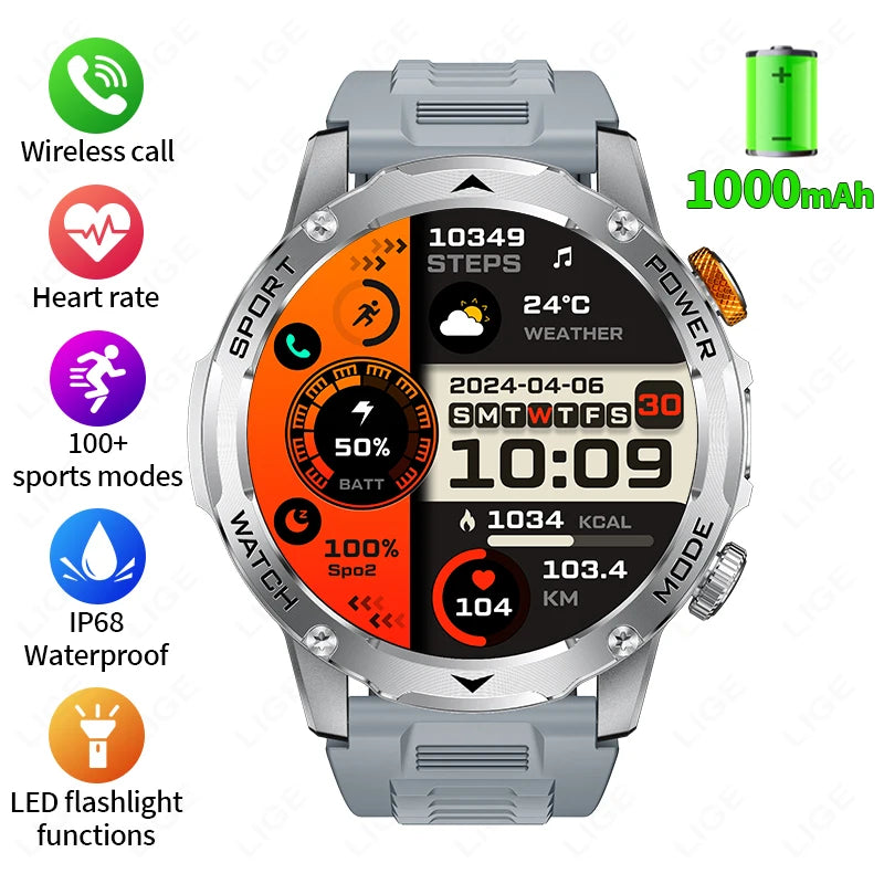 LIGE Military Smart Watch Men 1000mAh Battery Outdoors LED Flashlight Waterproof Heart Rate Sport BT Call 1.7" AMOLED Smartwatch