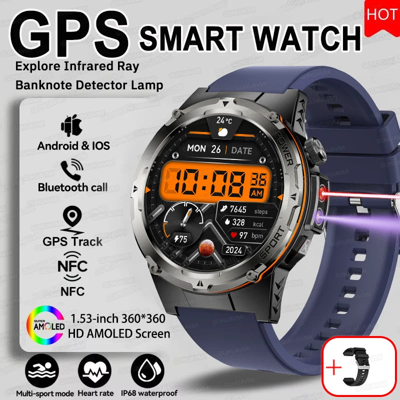 NEW Upgraded Outdoors GPS Sports Smart Watch Men HD AMOLED 3ATM IP69K Waterproof 500mAh Infrared NFC Bluetooth Call Smart Watch