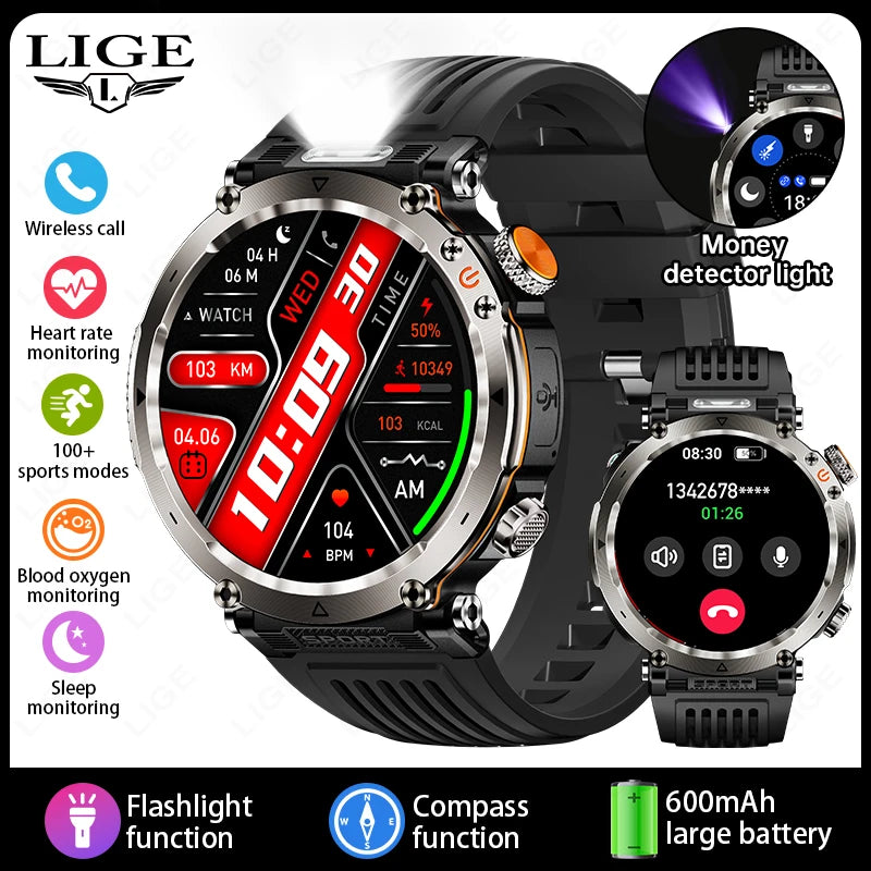 LIGE New Smart Watch Men UV Flashlight Compass 600mAh Large Battery Outdoor Waterproof Sport Watch Bluetooth Call Smartwatch Men