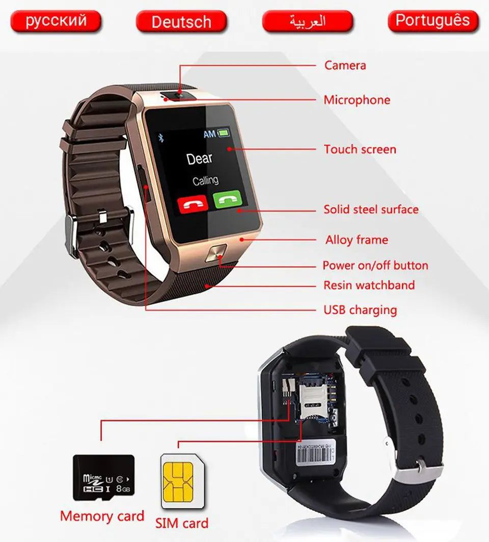 DZ09 Smart Watch Men Women Touch Screen 2G SIM Card Bluetooth Call Sleep Monitoring Camera Smartwatch For Android IOS