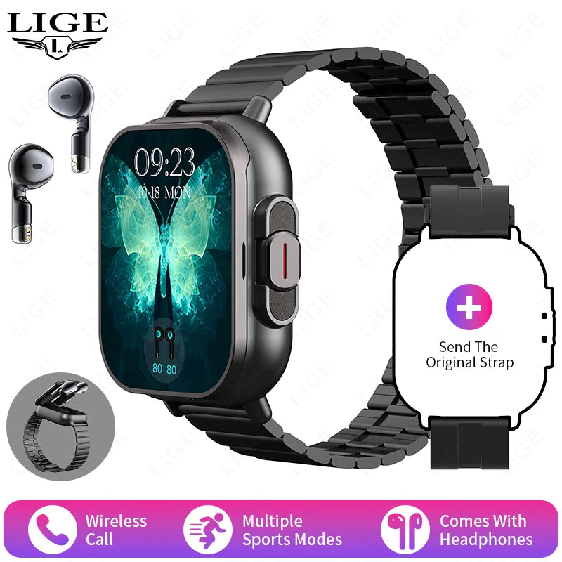 2025 Men Smart Watch 2.01inch HD Large Screen Waterproof Heart Rate Blood Pressure Bluetooth earphone TWS 2 in 1 Make phone call
