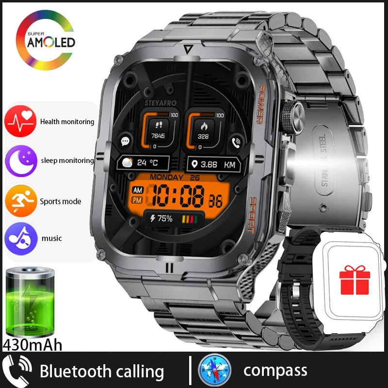 Military Grade Outdoor Smart Watch Men Wome's Health 1.96"HD Screen 430mAh Battery LED Flashlight Waterproof Sports Smartwatches