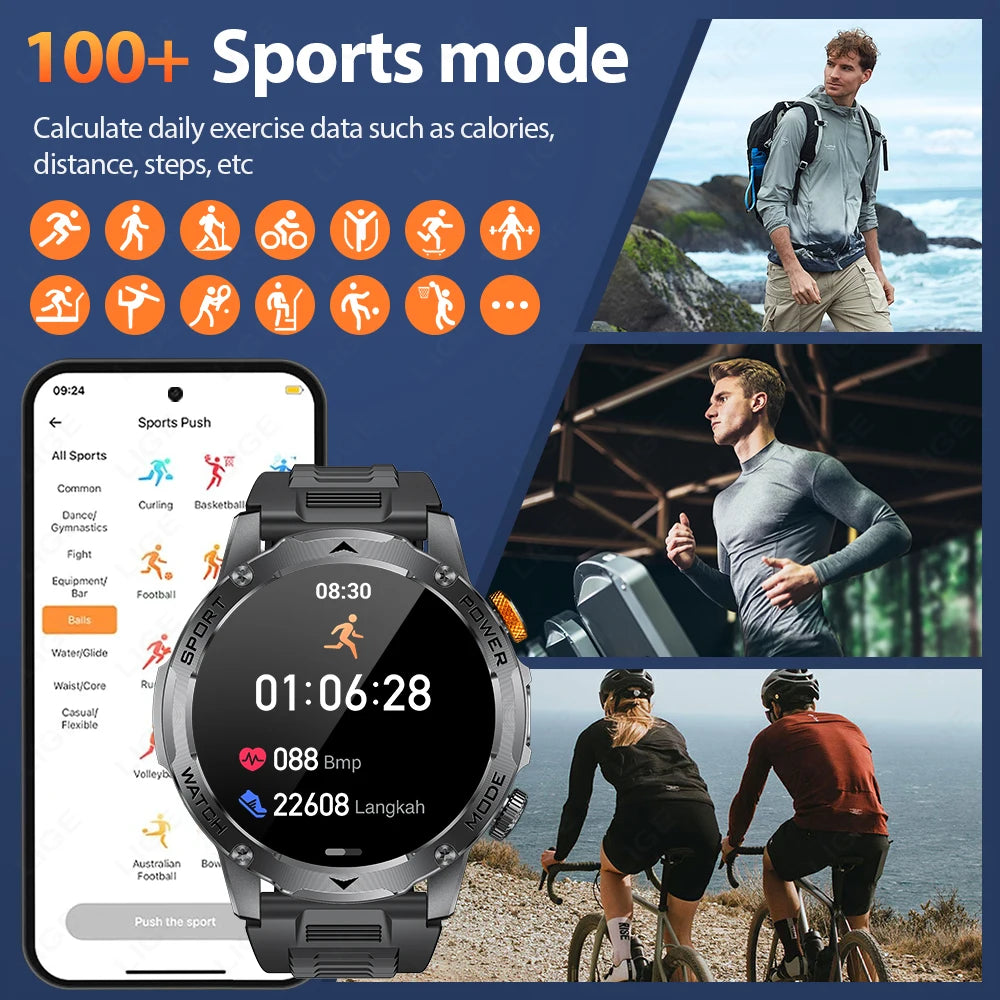 LIGE AMOLED Smart Watch Men with Flashlight Sports IP68 Waterproof Fitness Tracker Bluetooth Call Smartwatch Man for Android iOS