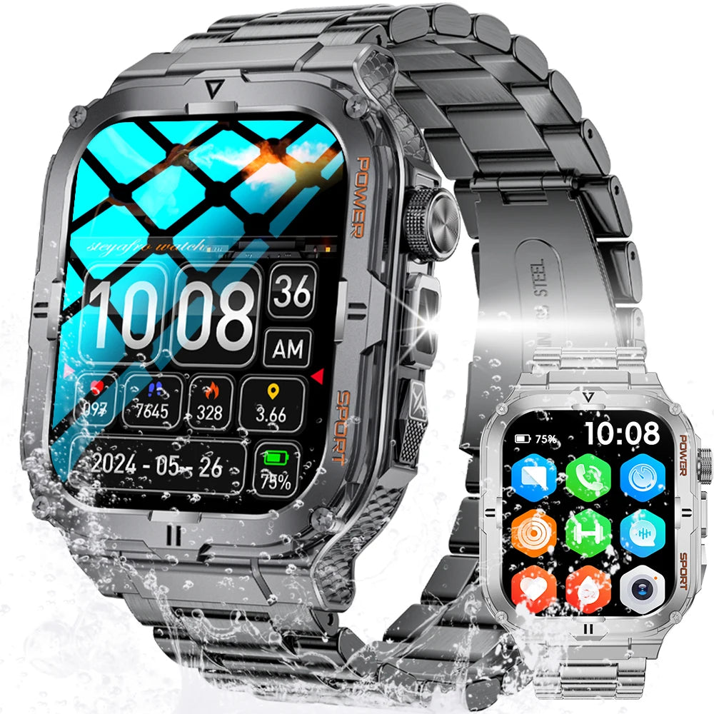 Military Grade Outdoor Smart Watch Men Wome's Health 1.96"HD Screen 430mAh Battery LED Flashlight Waterproof Sports Smartwatches