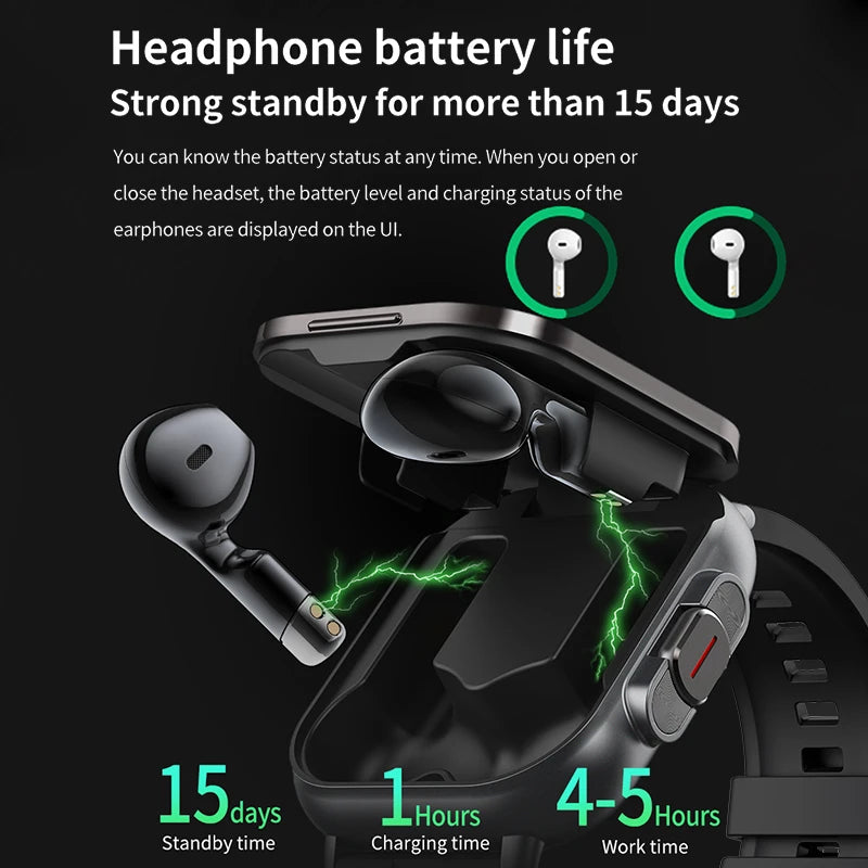 2025 Men Smart Watch 2.01inch HD Large Screen Waterproof Heart Rate Blood Pressure Bluetooth earphone TWS 2 in 1 Make phone call