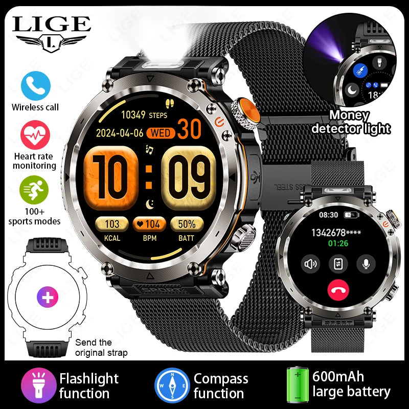 LIGE New Smart Watch Men UV Flashlight Compass 600mAh Large Battery Outdoor Waterproof Sport Watch Bluetooth Call Smartwatch Men