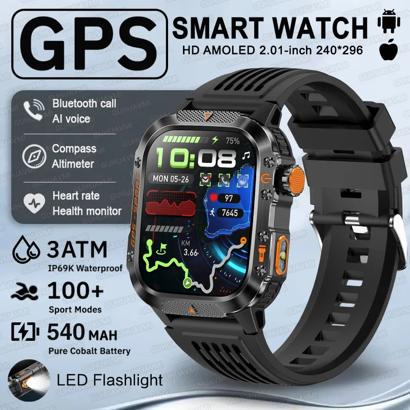 2025 New GPS Military Outdoor Sports Smart Watch Men 2.01-inch AMOLED 3ATM IP69K Waterproof Compass Call Swim Fitness Smartwatch