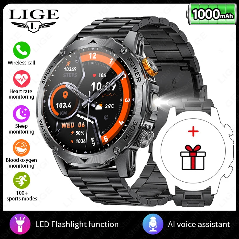 LIGE 1000mAh Smart Watch AMOLED HD 360*360 Resolution Smartwatch Blood Oxygen Health Monitor Men Smartwatches 100+Sports Tracker