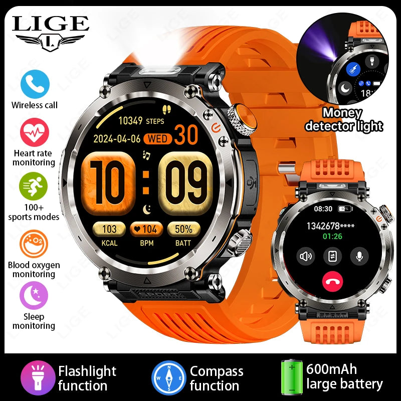 LIGE New Smart Watch Men UV Flashlight Compass 600mAh Large Battery Outdoor Waterproof Sport Watch Bluetooth Call Smartwatch Men