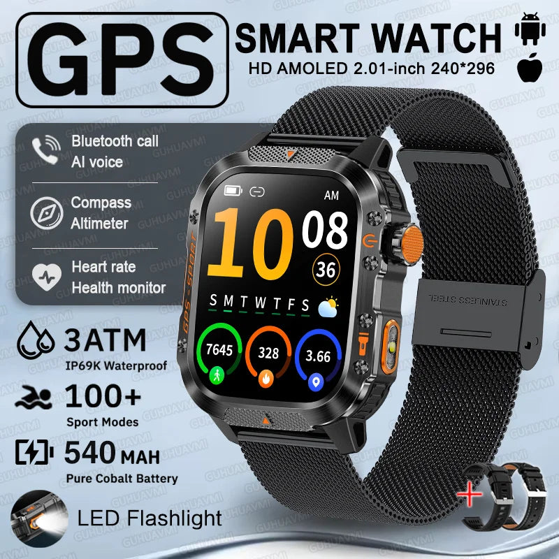 2025 New GPS Military Outdoor Sports Smart Watch Men 2.01-inch AMOLED 3ATM IP69K Waterproof Compass Call Swim Fitness Smartwatch
