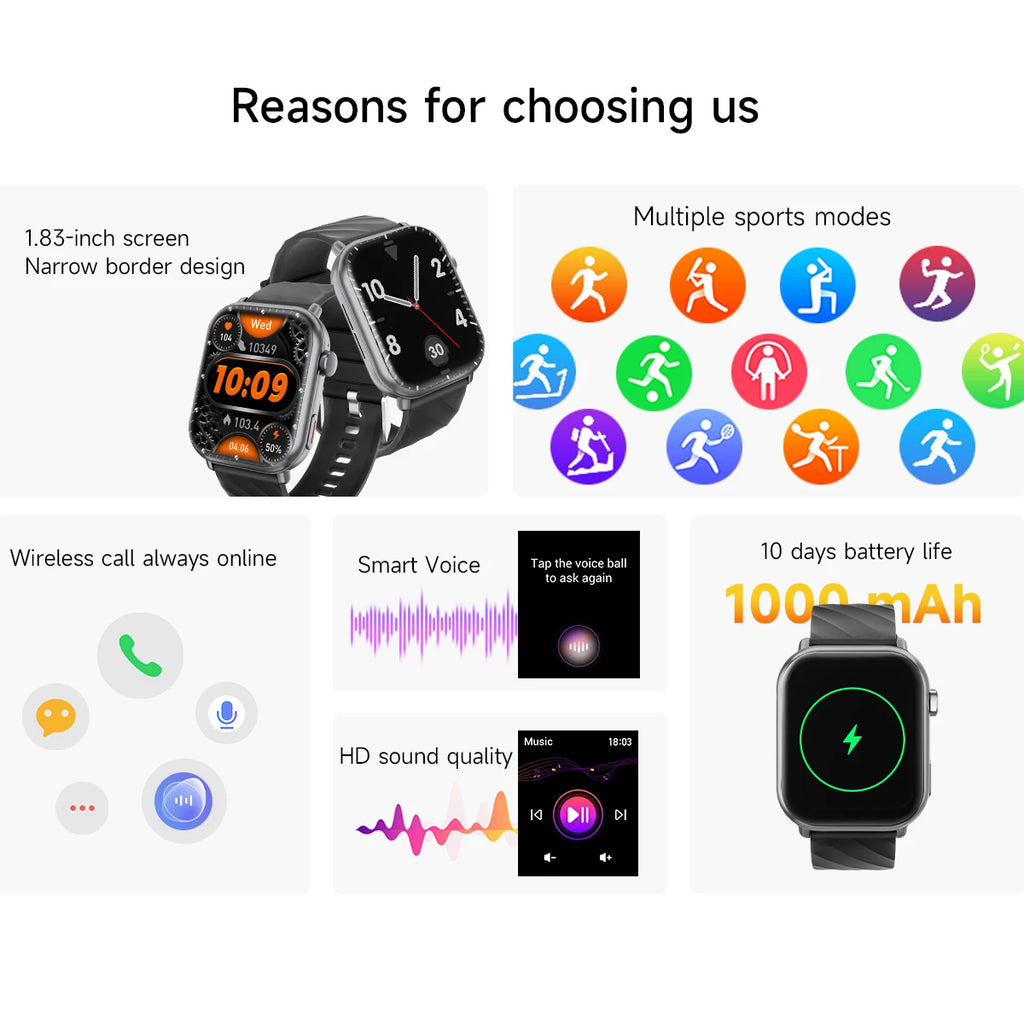 2025 NEW Hot Smartwatch 1.83''HD Screen1000mAh Large Battery Outdoor Sports Watches Bluetooth Call IP68 Waterproof for Men Women