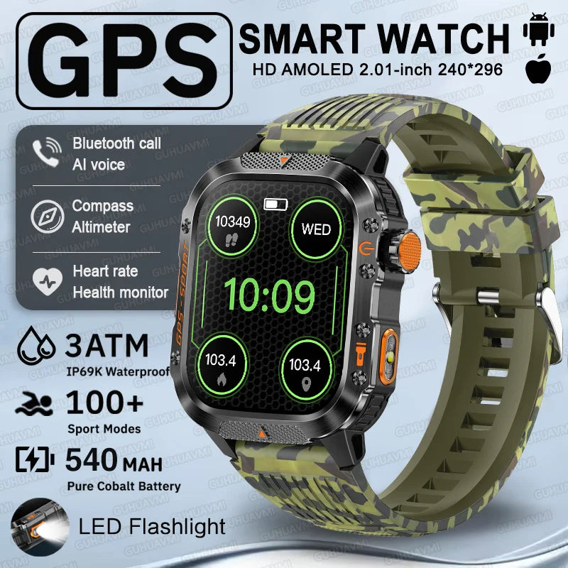 2025 New GPS Military Outdoor Sports Smart Watch Men 2.01-inch AMOLED 3ATM IP69K Waterproof Compass Call Swim Fitness Smartwatch