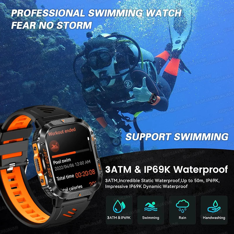 2025 New GPS Military Outdoor Sports Smart Watch Men 2.01-inch AMOLED 3ATM IP69K Waterproof Compass Call Swim Fitness Smartwatch