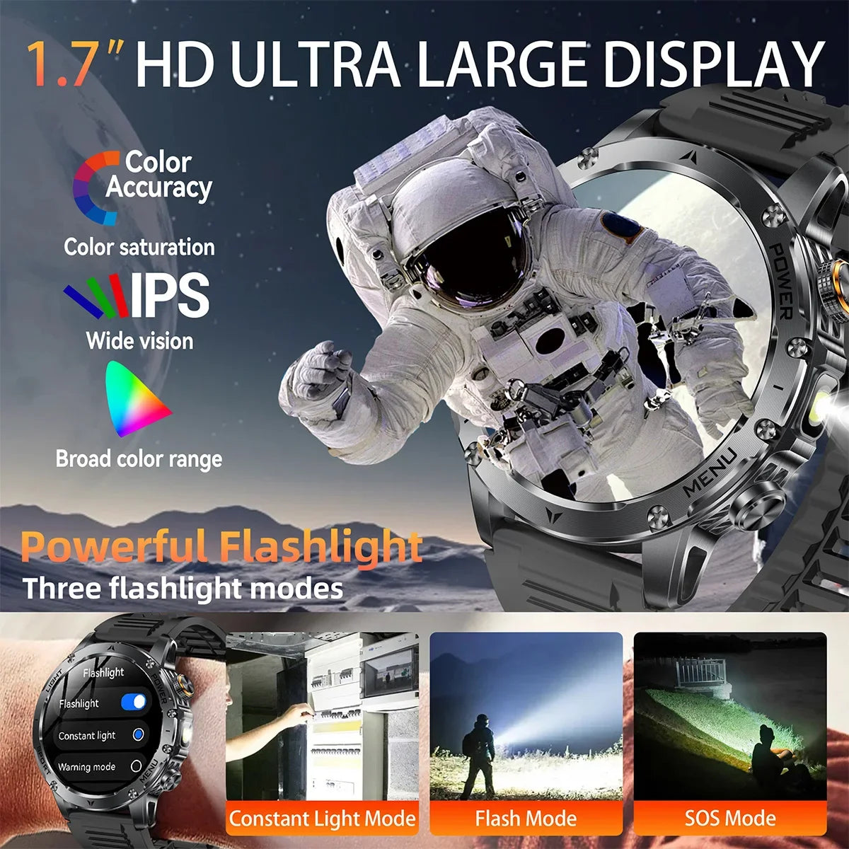 KPEP Military Smart Watch 1000mAh Large Battery LED Flashlight Health Monitor Wireless Call 100+ Sports Modes Smartwatch for Men