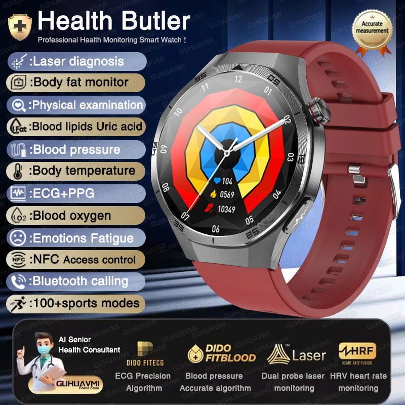 2025 New Health Non Invasive AI Diagnostic Smart Watch ECG BP Men's Three Highs Uric Acid Blood Fat Bluetooth Call Smartwatches
