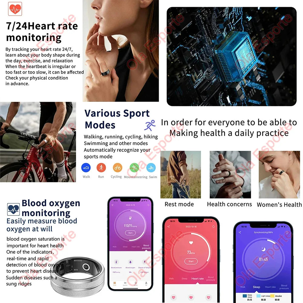 2025 Smart Ring Men Women IP68 Waterproof Heart Rate Blood Oxygen Sleep Health Monitor Sport Fitness Health Ring for Android IOS