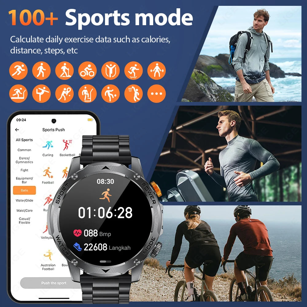 LIGE Military Smart Watch Men 1000mAh Battery Outdoors LED Flashlight Waterproof Heart Rate Sport BT Call 1.7" AMOLED Smartwatch