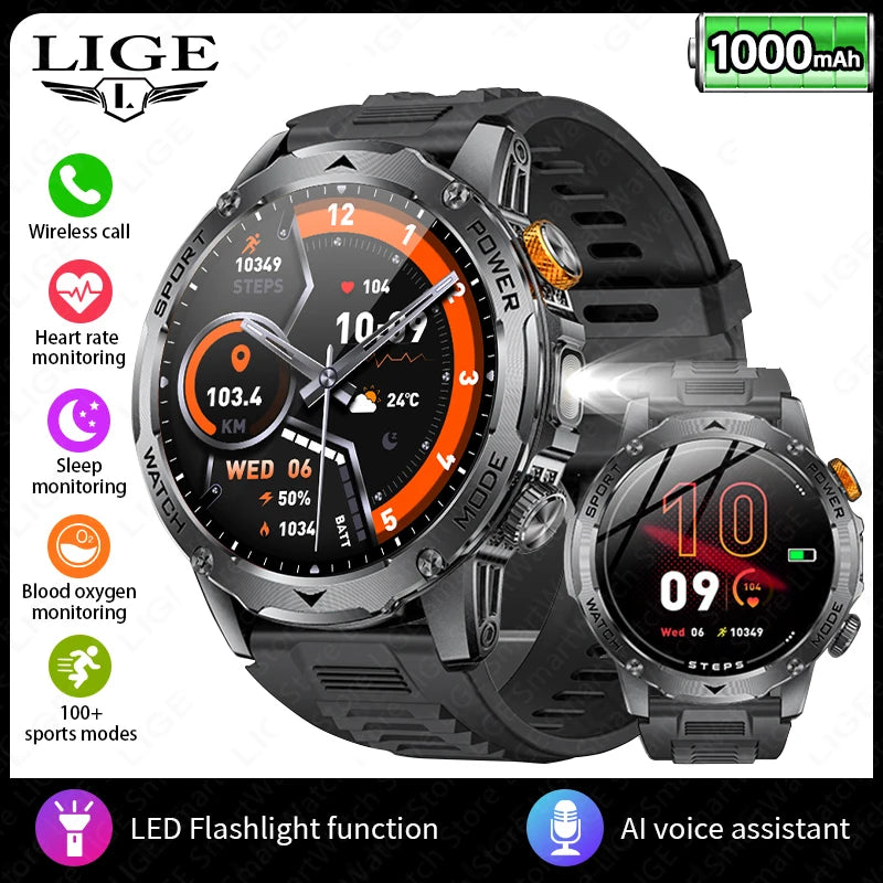 LIGE 1000mAh Smart Watch AMOLED HD 360*360 Resolution Smartwatch Blood Oxygen Health Monitor Men Smartwatches 100+Sports Tracker