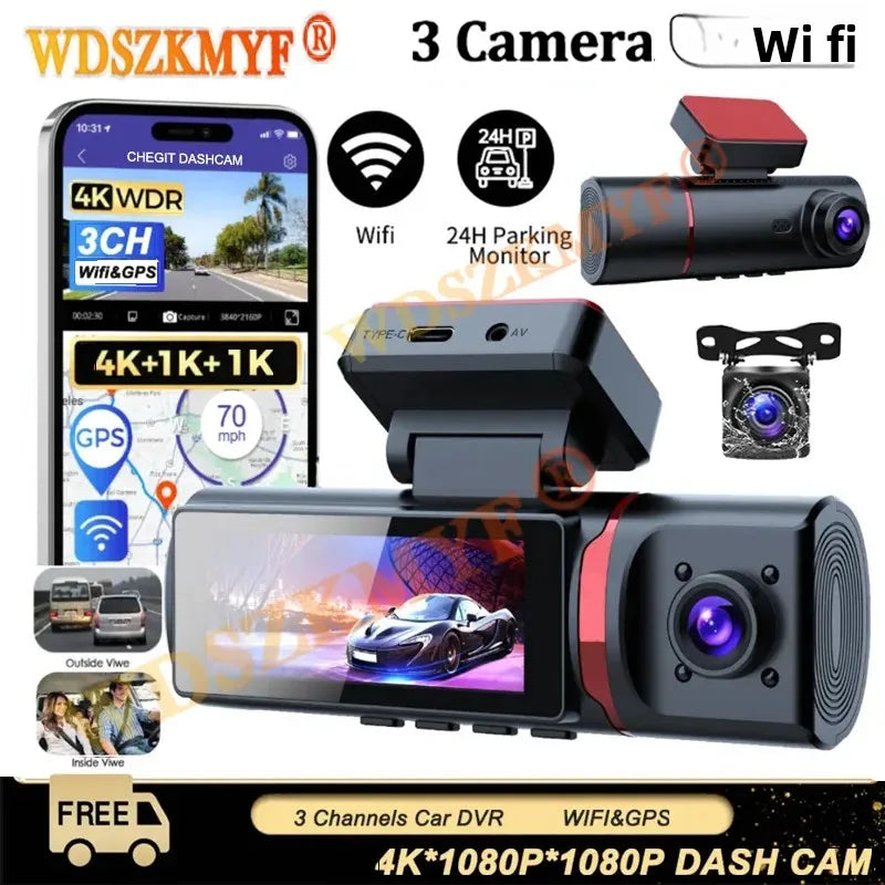 4K WIFI GPS Car Dash Cam Video Recorder 1080P 3 Lens Car DVR 24H Parking Monitor Rear View Cameras Black Box Car accessories