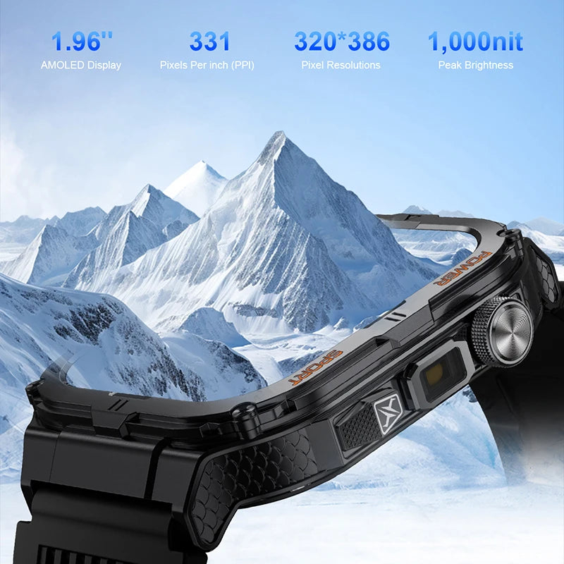 Military Grade Outdoor Smart Watch Men Wome's Health 1.96"HD Screen 430mAh Battery LED Flashlight Waterproof Sports Smartwatches