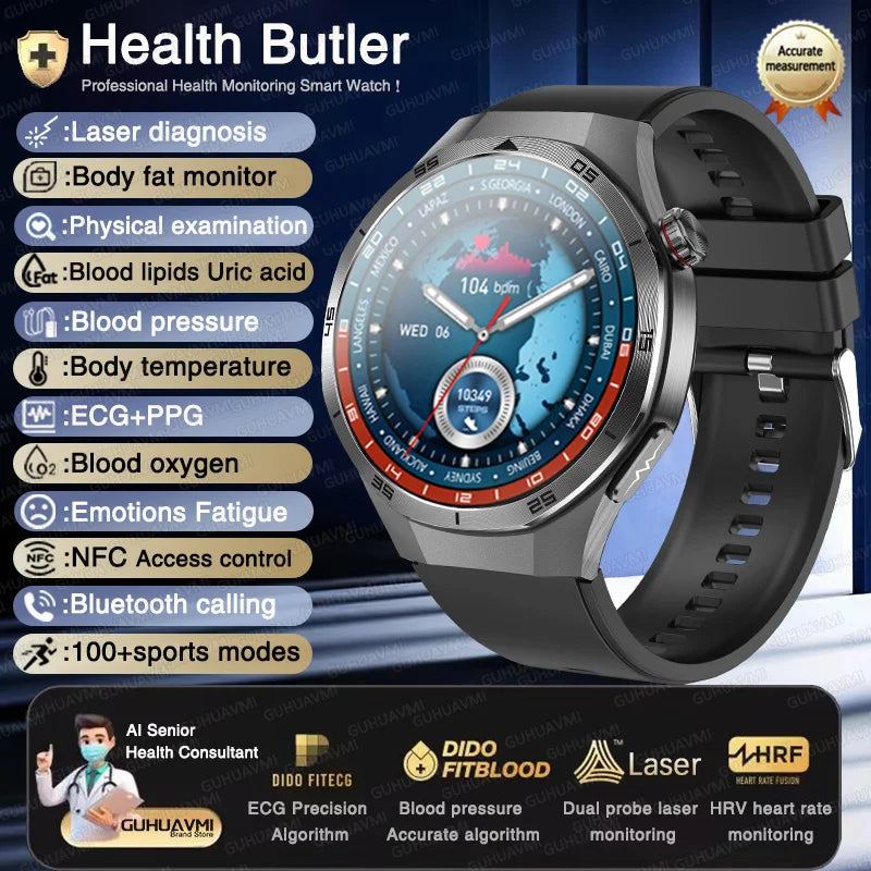2025 New Health Non Invasive AI Diagnostic Smart Watch ECG BP Men's Three Highs Uric Acid Blood Fat Bluetooth Call Smartwatches
