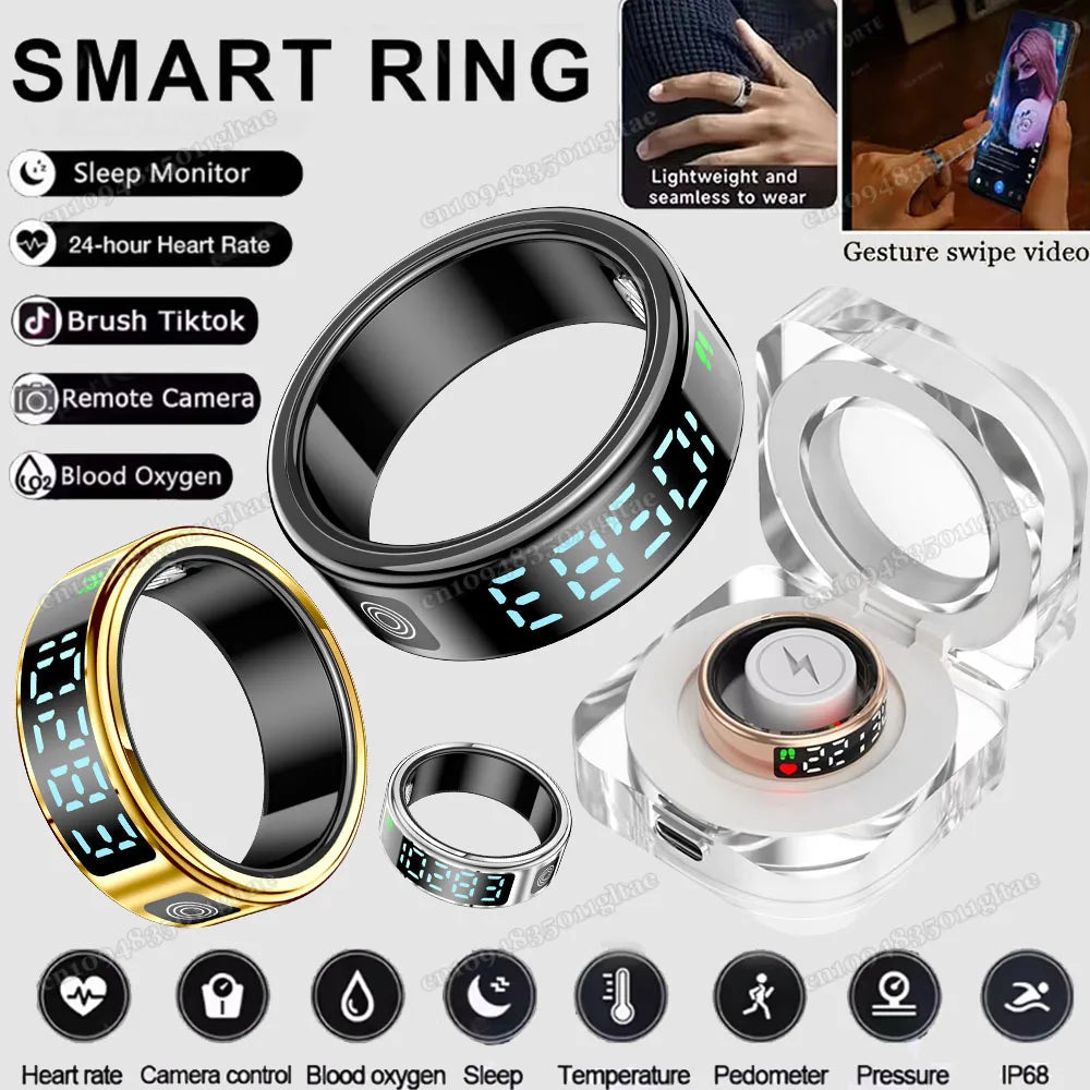2025 Smart Ring Men Women LED Display Screen Heart Rate Blood Oxygen Monitor 5ATM Waterproof Multi Sports Mode Gifts For Andorid