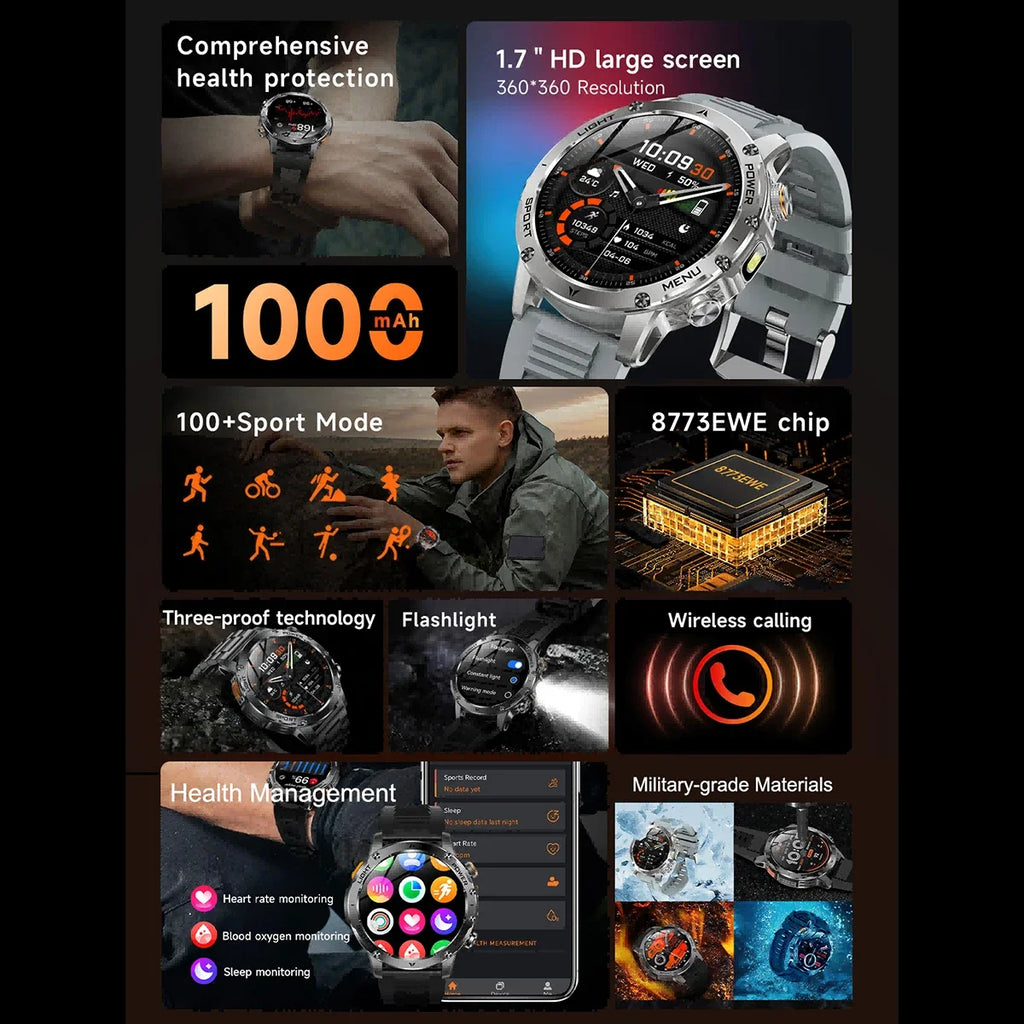 KPEP Military Smart Watch 1000mAh Large Battery LED Flashlight Health Monitor Wireless Call 100+ Sports Modes Smartwatch for Men