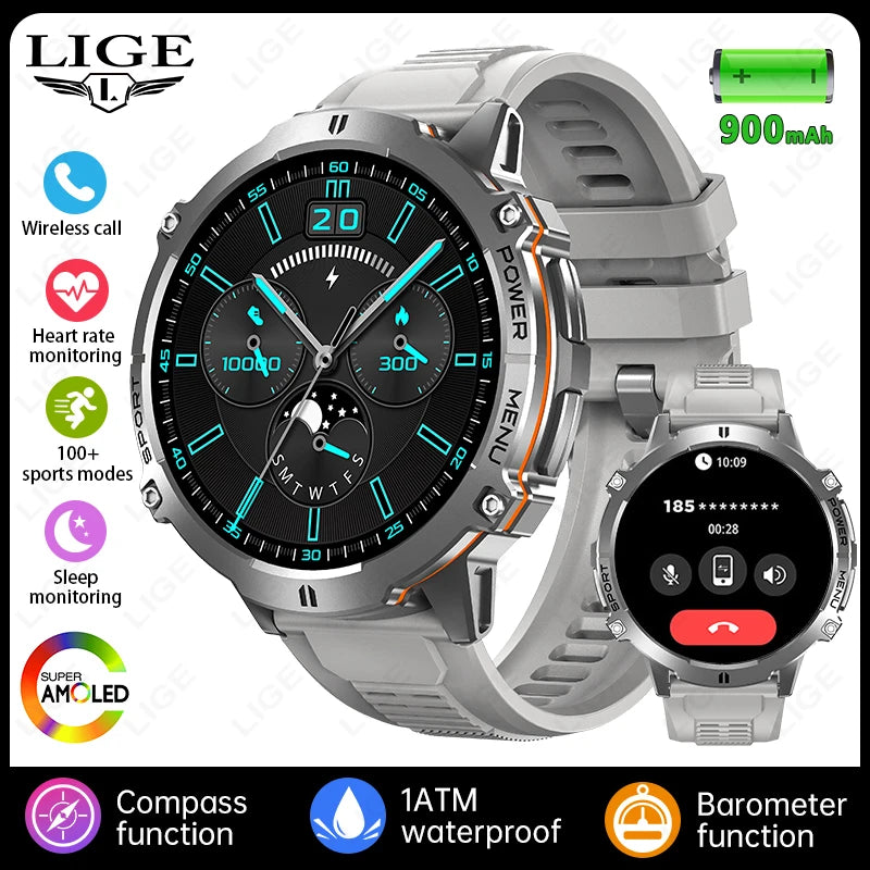 LIGE New GPS Tracker Smartwatch For Men  1.73" AMOLED Screen  900mAh Battery Man Watches Health Monitor BT Call Smart Watch Men