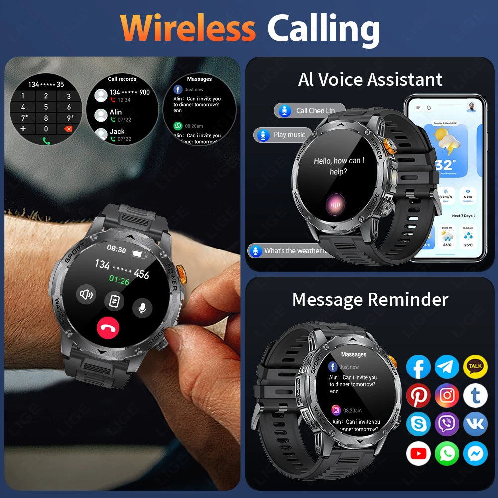 LIGE 1000mAh Smart Watch AMOLED HD 360*360 Resolution Smartwatch Blood Oxygen Health Monitor Men Smartwatches 100+Sports Tracker