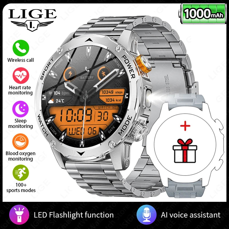 LIGE 1000mAh Smart Watch AMOLED HD 360*360 Resolution Smartwatch Blood Oxygen Health Monitor Men Smartwatches 100+Sports Tracker