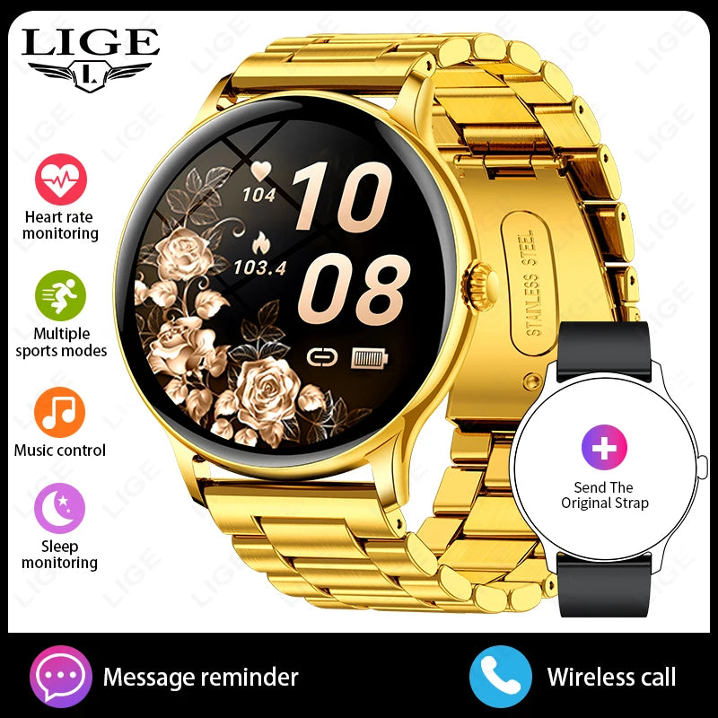 New Golden Luxury Steel Smart Watch Men 1.38inch HD Screen Smartwatch Women Sleep BT Call IP68 Waterproof Sports Watch Pedometer